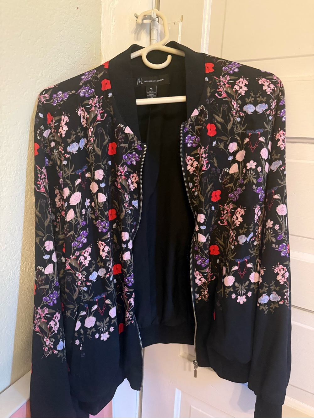 INC International Concepts Black Floral Bomber Jacket with Multicolor Blooms